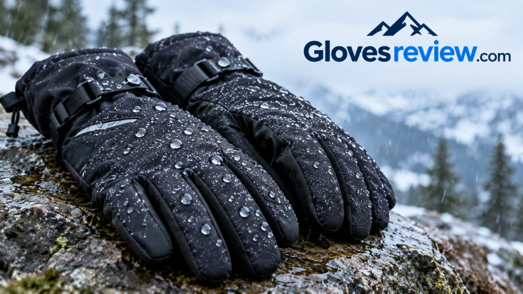 A pair of winter gloves with water beading on the outer shell in cold rain