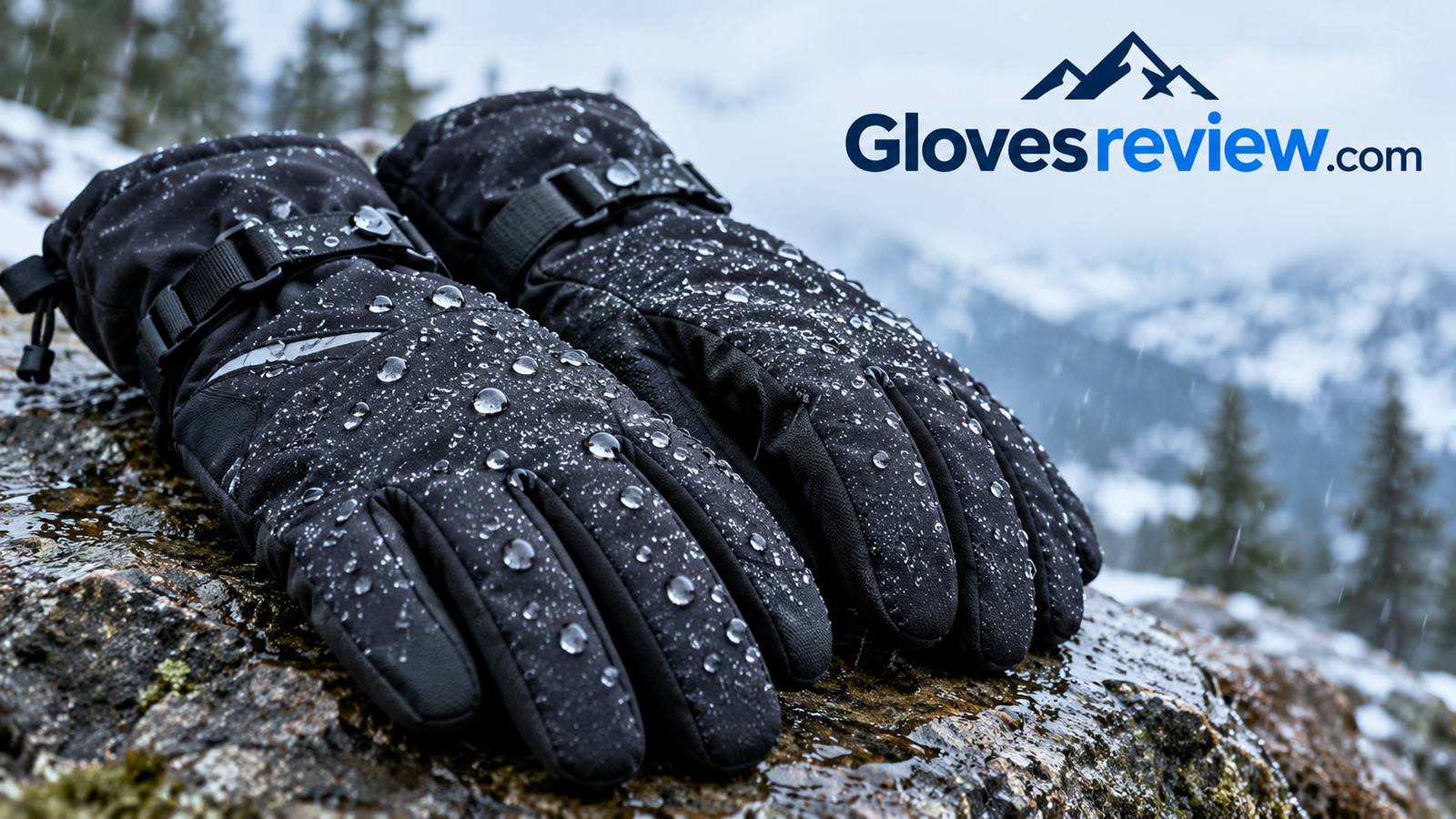 A pair of winter gloves with water beading on the outer shell in cold rain