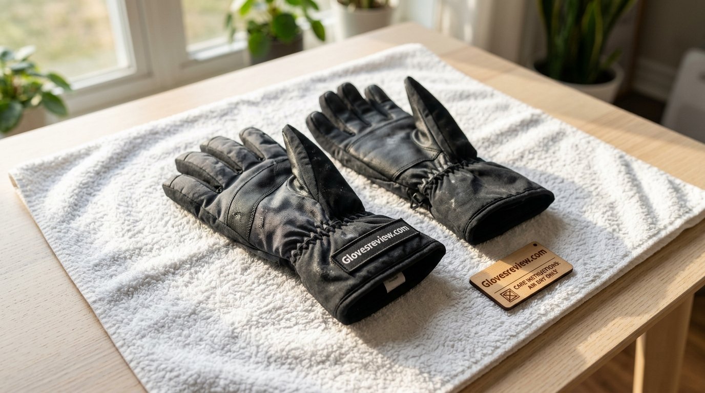 Clean winter gloves laid flat on a towel to air dry after washing