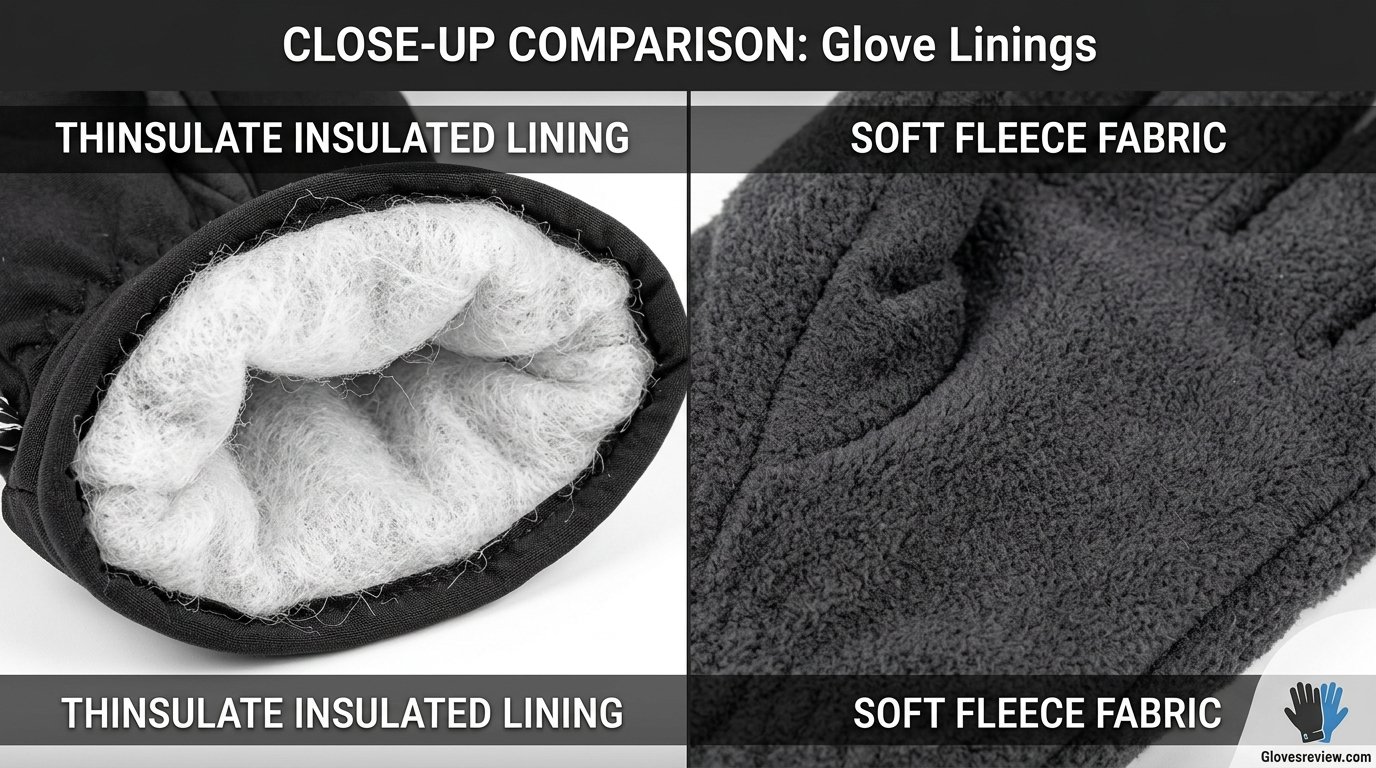 Close-up comparison of Thinsulate insulated glove lining and soft fleece glove fabric