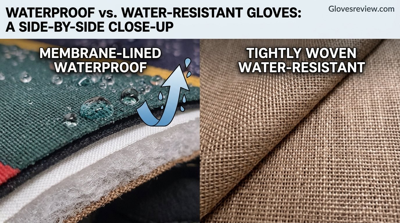 Close-up comparison of a membrane-lined waterproof glove and a tightly woven water-resistant glove