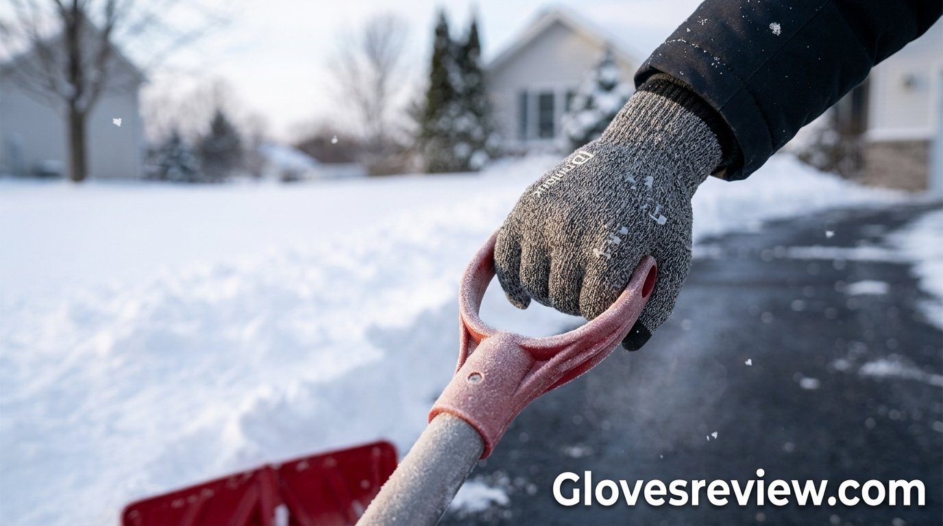Close-up of a gloved hand gripping a snow shovel handle on a cold winter morning