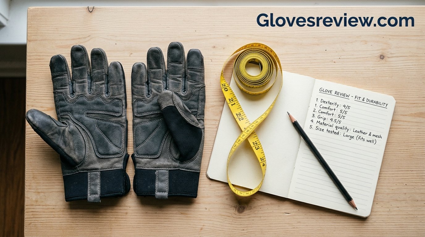 Flat lay of a soft tape measure, a pencil, a notepad and a pair of gloves on a table