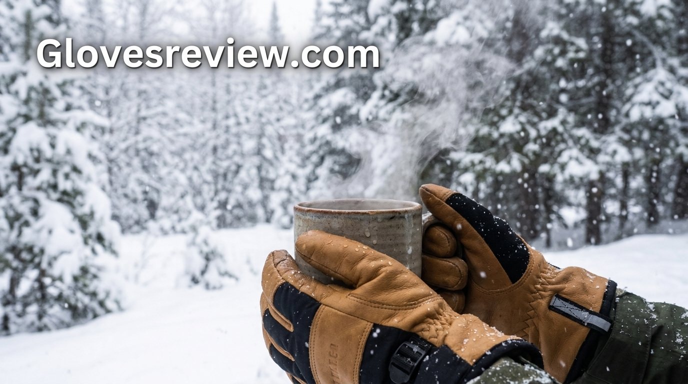 Gloved hands holding a steaming mug in freezing snowy weather