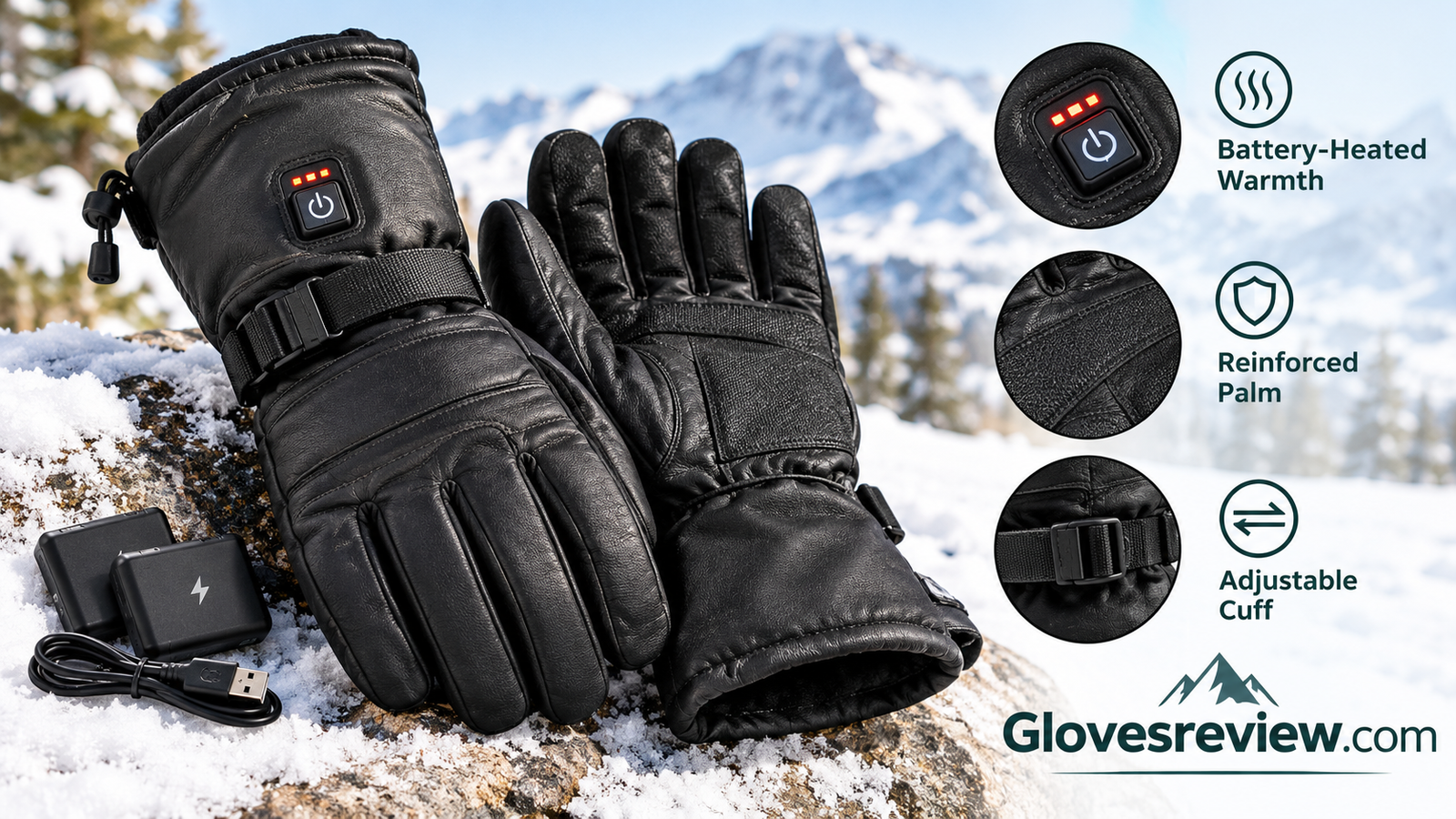Battery-heated leather winter gloves with reinforced palm and adjustable cuff