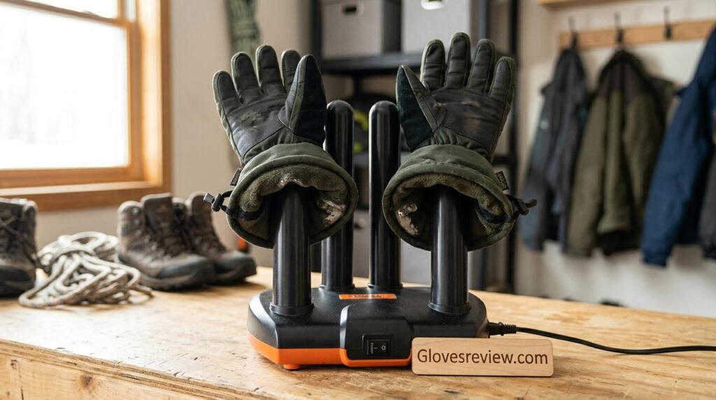 Pair of insulated gloves opened up and drying on a boot dryer