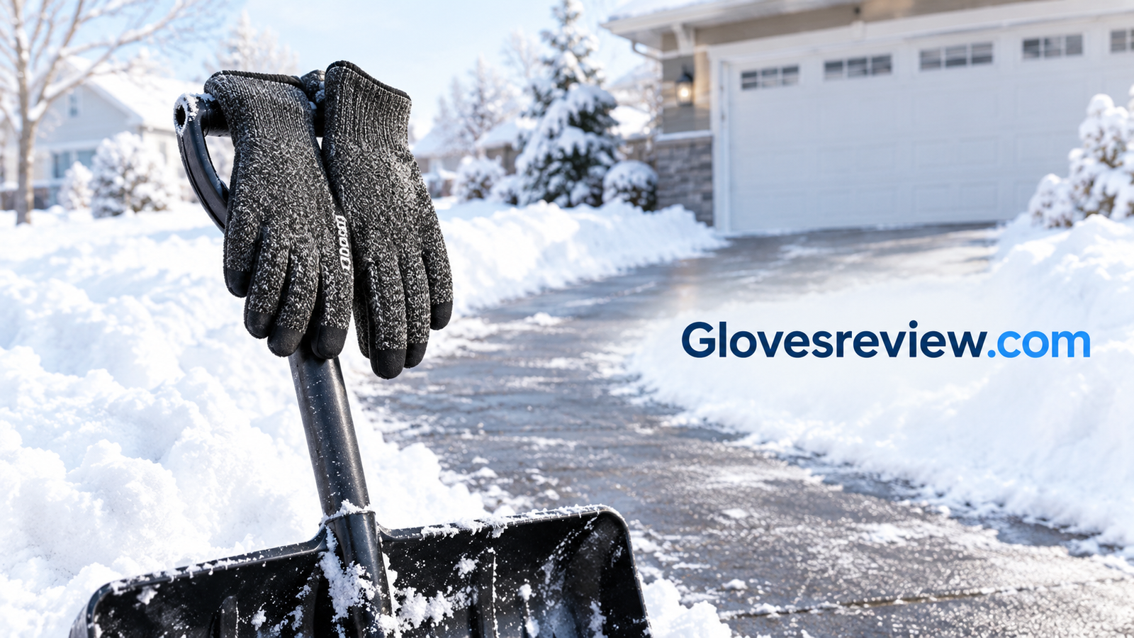 Pair of insulated winter gloves resting on a snow shovel handle beside a freshly cleared driveway