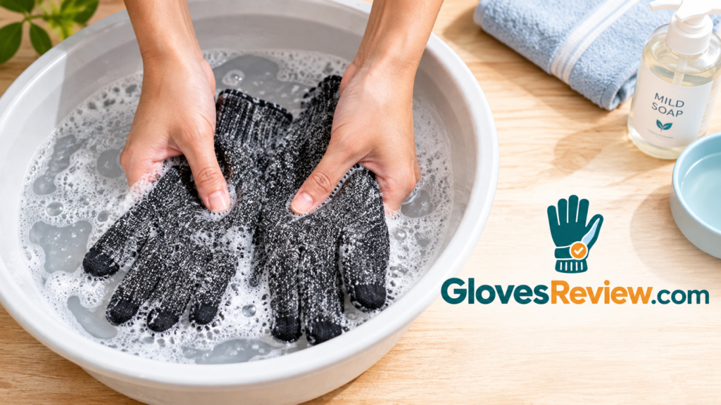 Pair of winter gloves being hand washed in a basin of lukewarm water with mild soap