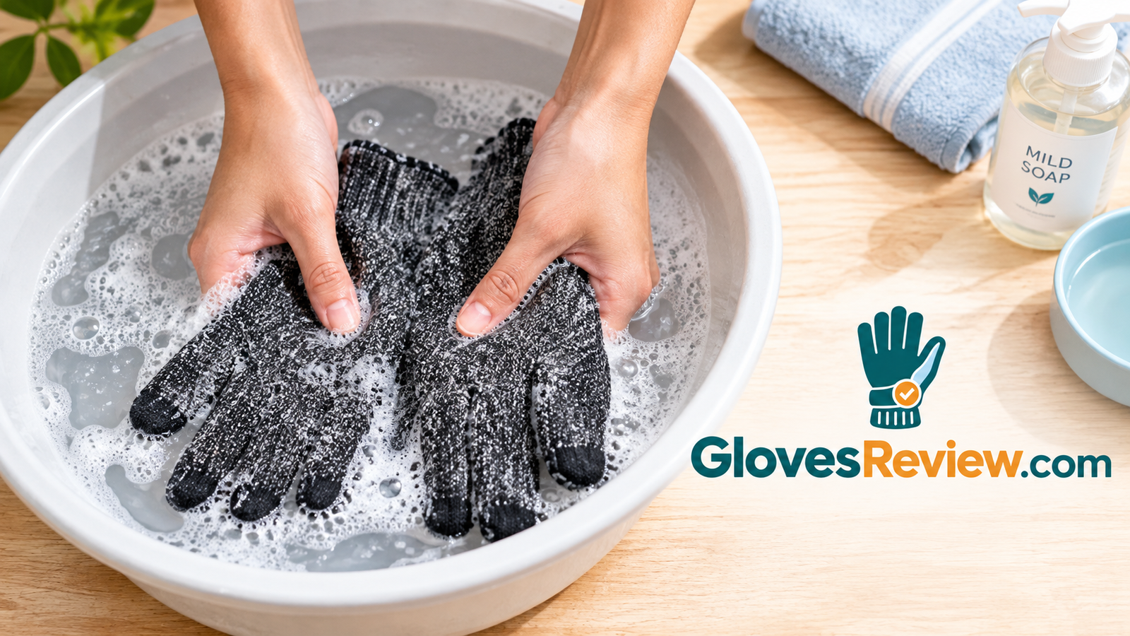 Pair of winter gloves being hand washed in a basin of lukewarm water with mild soap