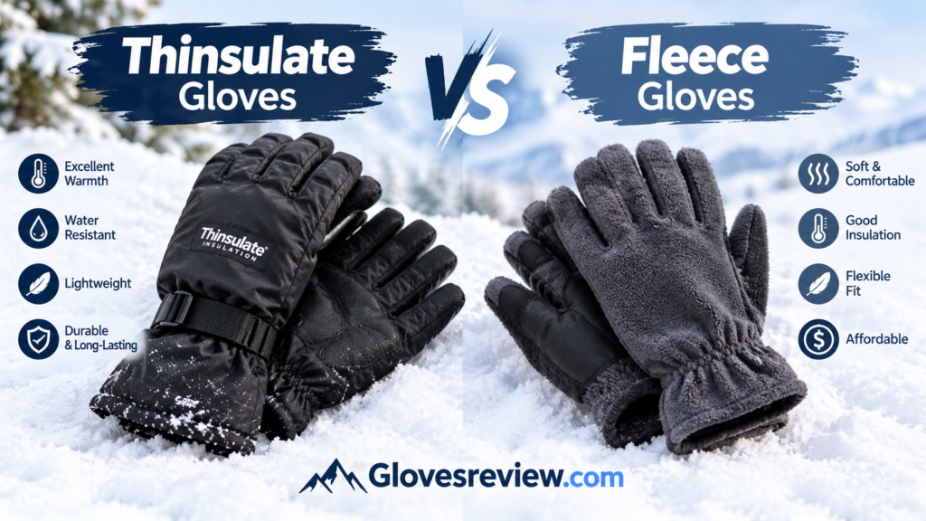 Thinsulate vs fleece gloves side by side on a snowy surface