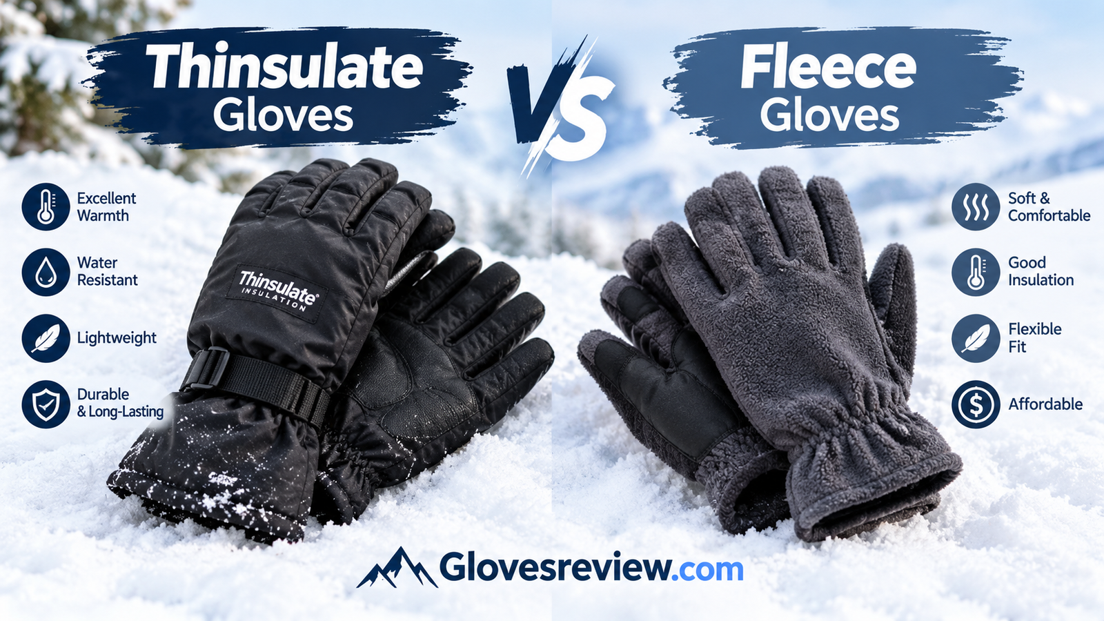 Thinsulate vs fleece gloves side by side on a snowy surface
