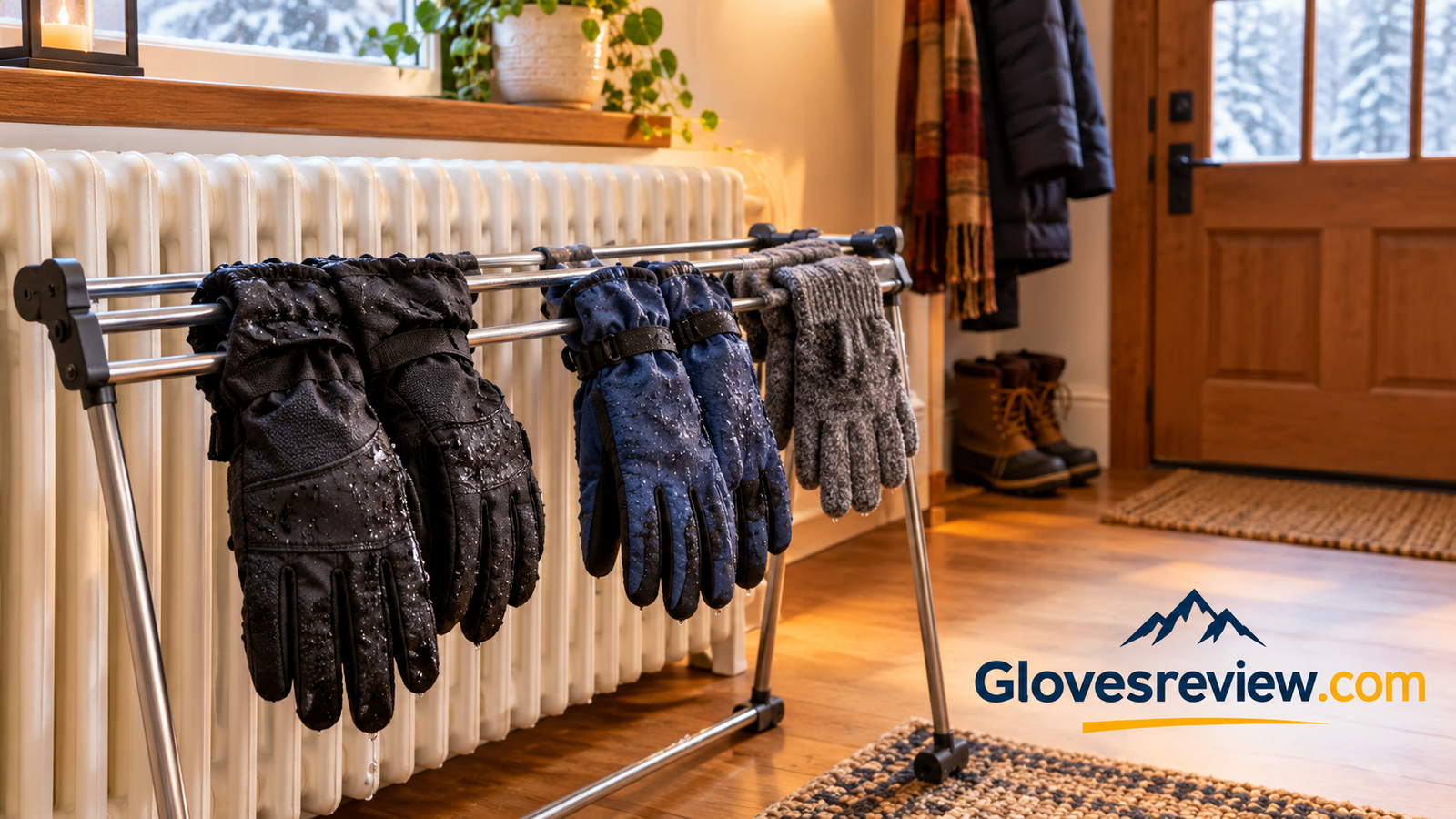 Wet winter gloves drying on a rack beside a radiator in a warm entryway